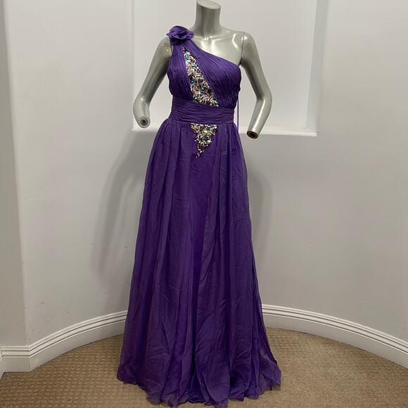 BICICI & COTY One Shoulder Purple Gown Beads Accent Size XS Special Occasion - Picture 1 of 14